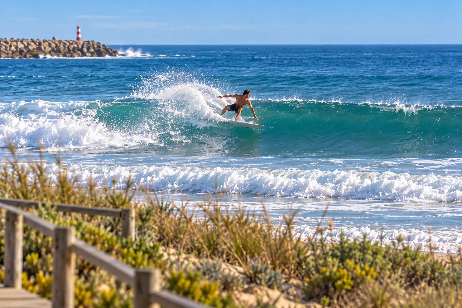 A surfer riding a small wave off a Lagos beach, seen from the dune boardwalk, with the marina lighthouse in the distance