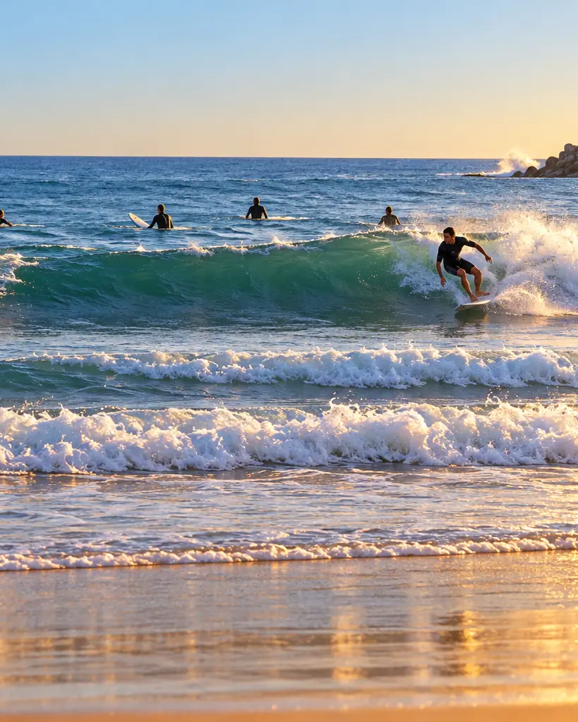 Surfers waiting for waves in golden autumn light