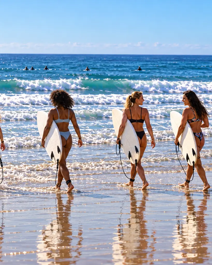 Surfers wading out of the shallows with their boards