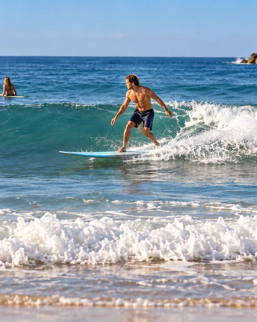 A surfer riding a small, clean wave in spring