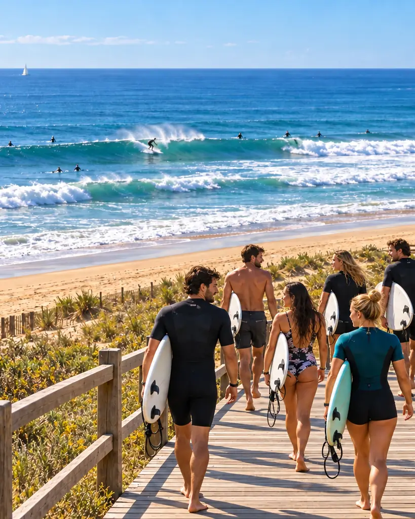 Friends walking a dune boardwalk to the beach with their boards in summer