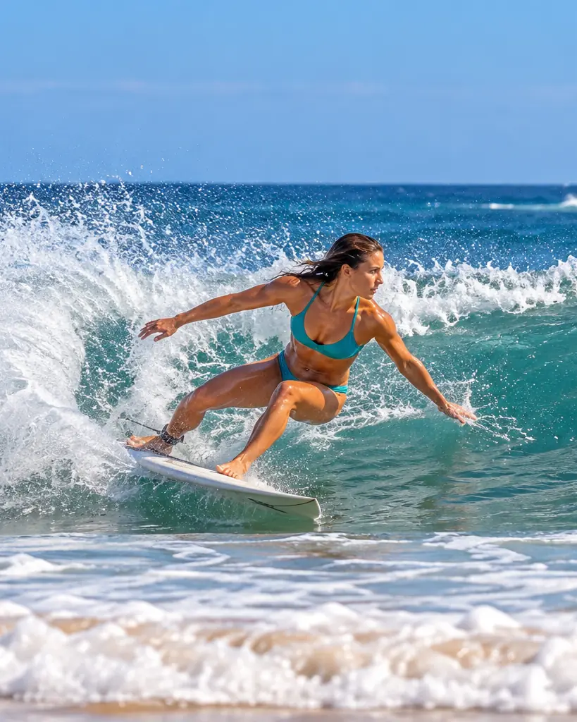 Surf in winter: a surfer carving through spray on a Lagos wave