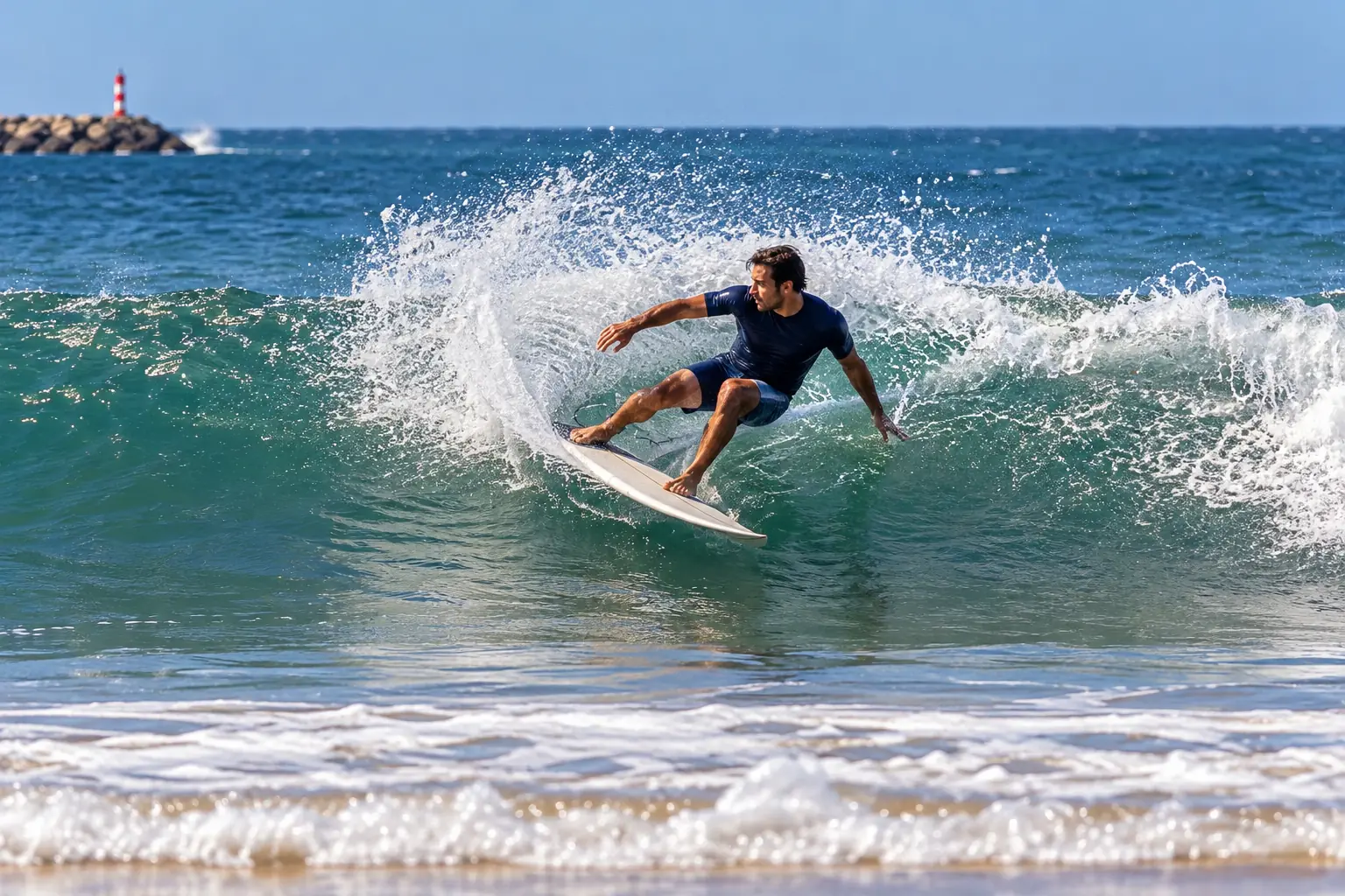 A surfer riding a small wave off Lagos, with the marina jetty and lighthouse behind