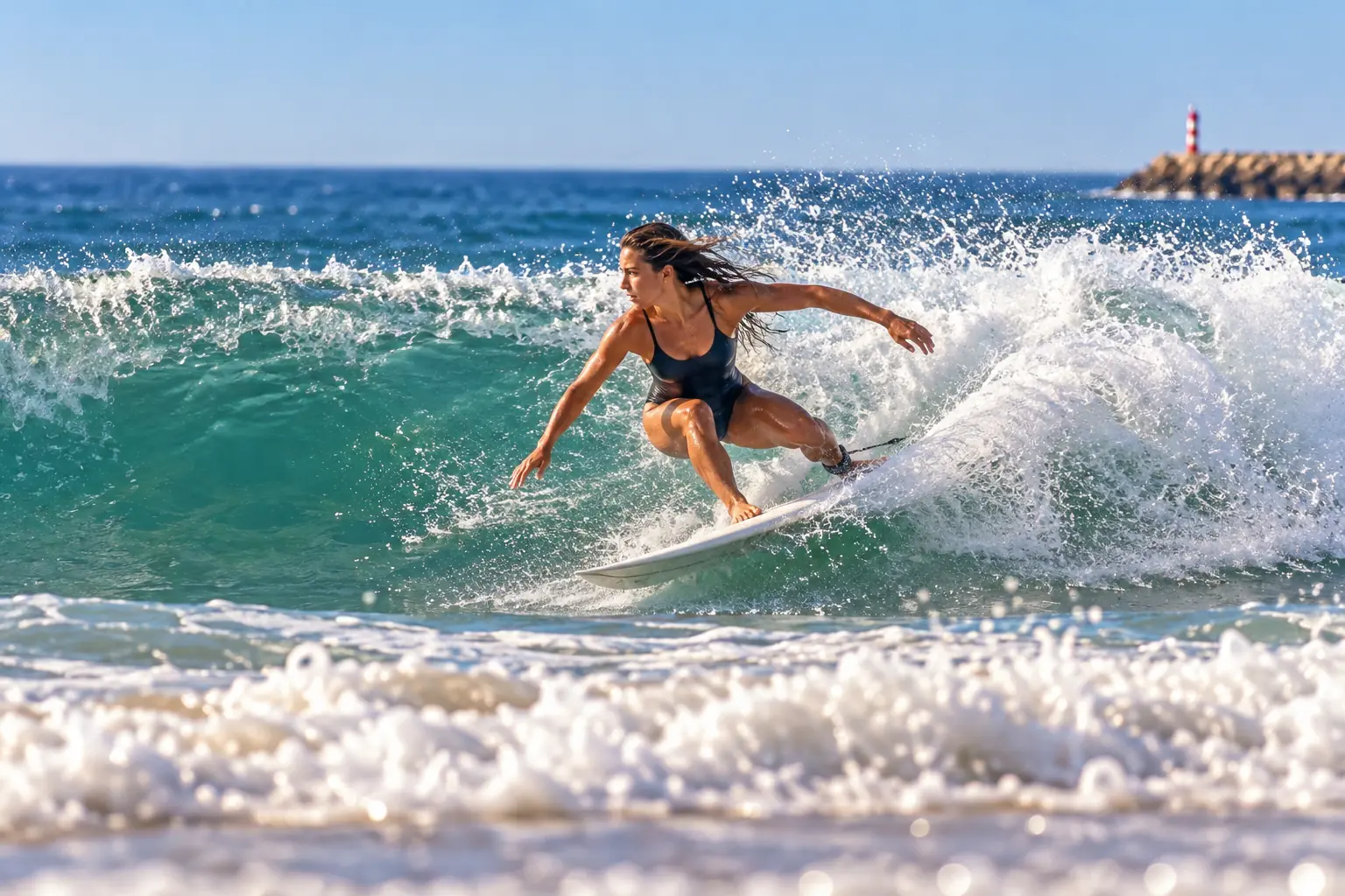 A surfer carving a turn on a small wave off Lagos, with the marina lighthouse behind