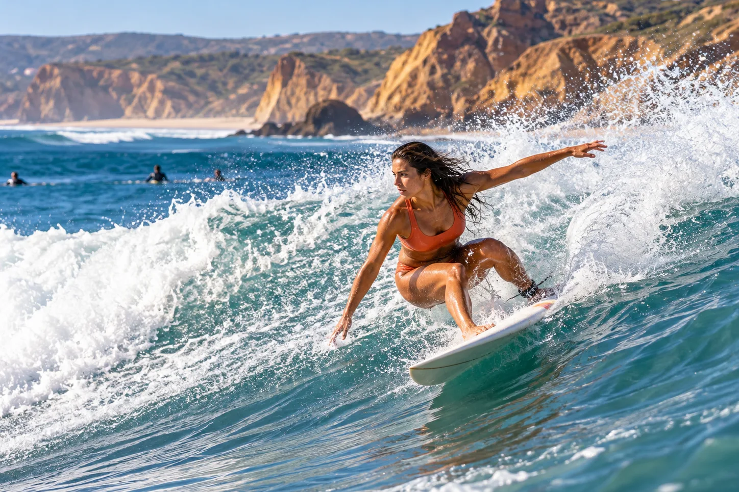 A woman riding a wave in a spray of white water, with brown cliffs behind (illustration)