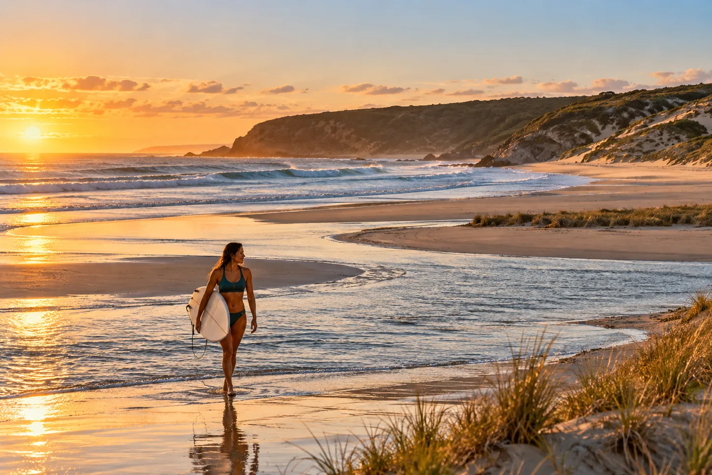 A woman carrying a surfboard across shallow water on a wide, empty beach at sunset, with dune grass in the foreground (illustration)