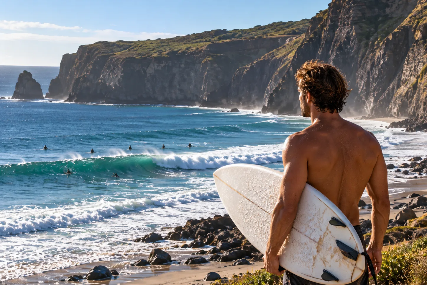 A man with a surfboard under his arm on a rocky shore, looking out at surfers in the water beneath dark cliffs (illustration)
