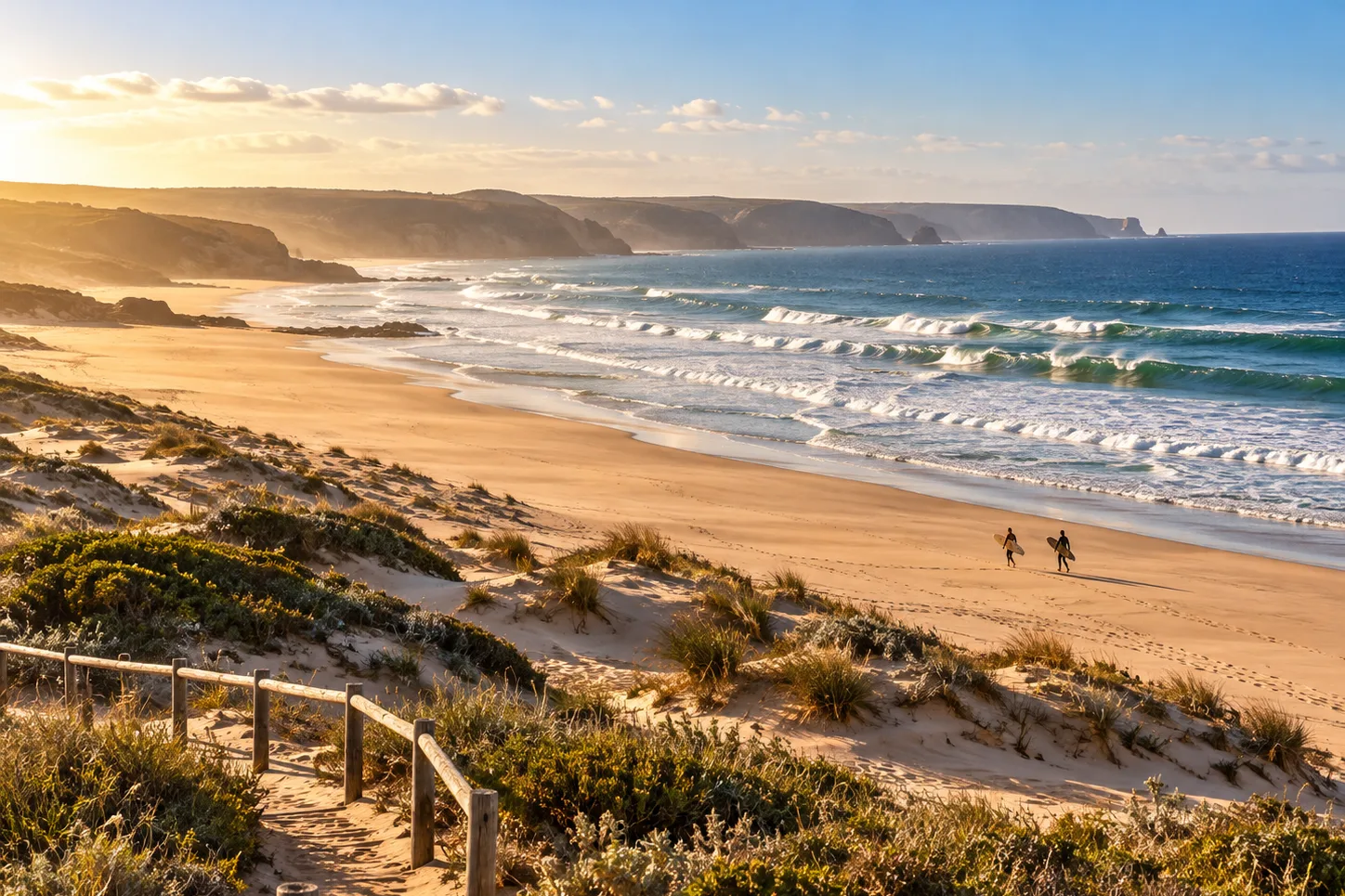 A wooden-railed path through dune grass above a long sandy beach, with two walkers by the water (illustration)
