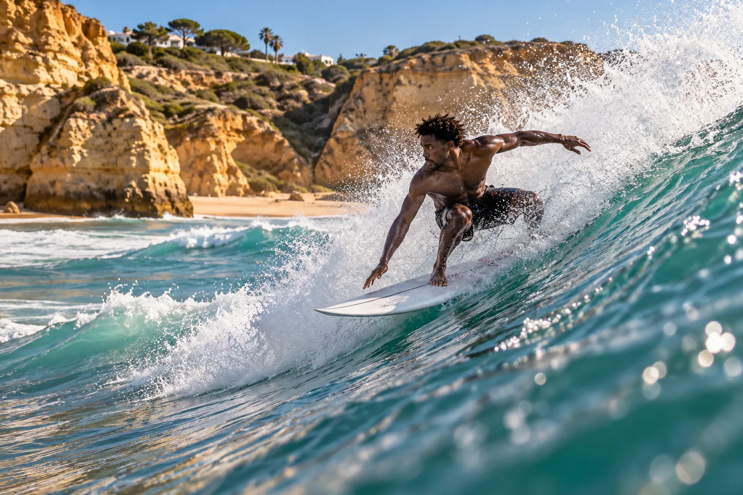 A surfer in dark shorts carving a turn on a green wave, with golden cliffs topped with pine trees behind (illustration)