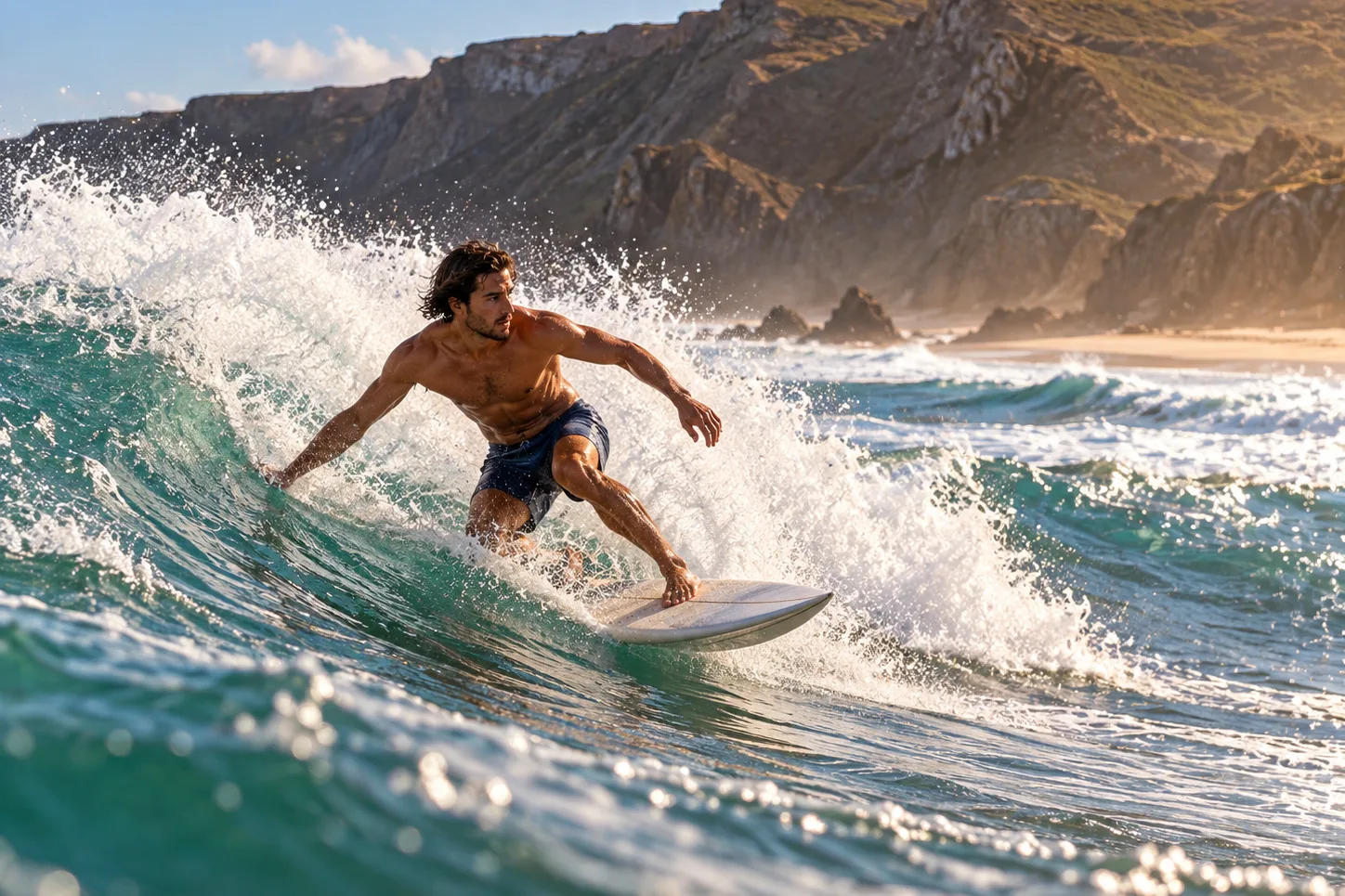 A surfer in blue shorts riding a wave beneath a ridged brown headland (illustration)