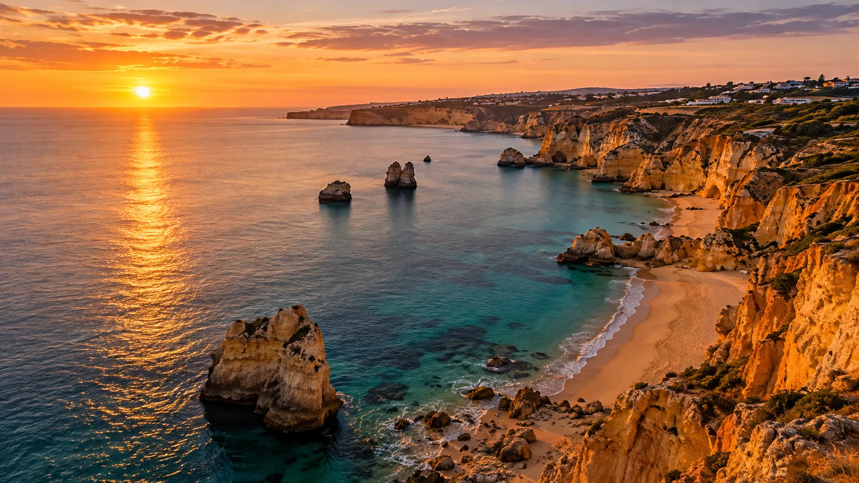 Golden cliffs, sea stacks and a sandy cove above turquoise water at sunset (illustration)