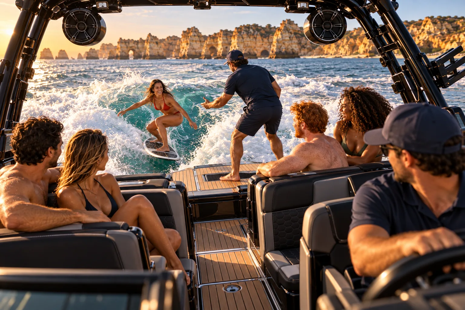 Friends on the deck of a wake boat watching a woman ride the wave behind it, with golden cliffs along the shore (illustration)