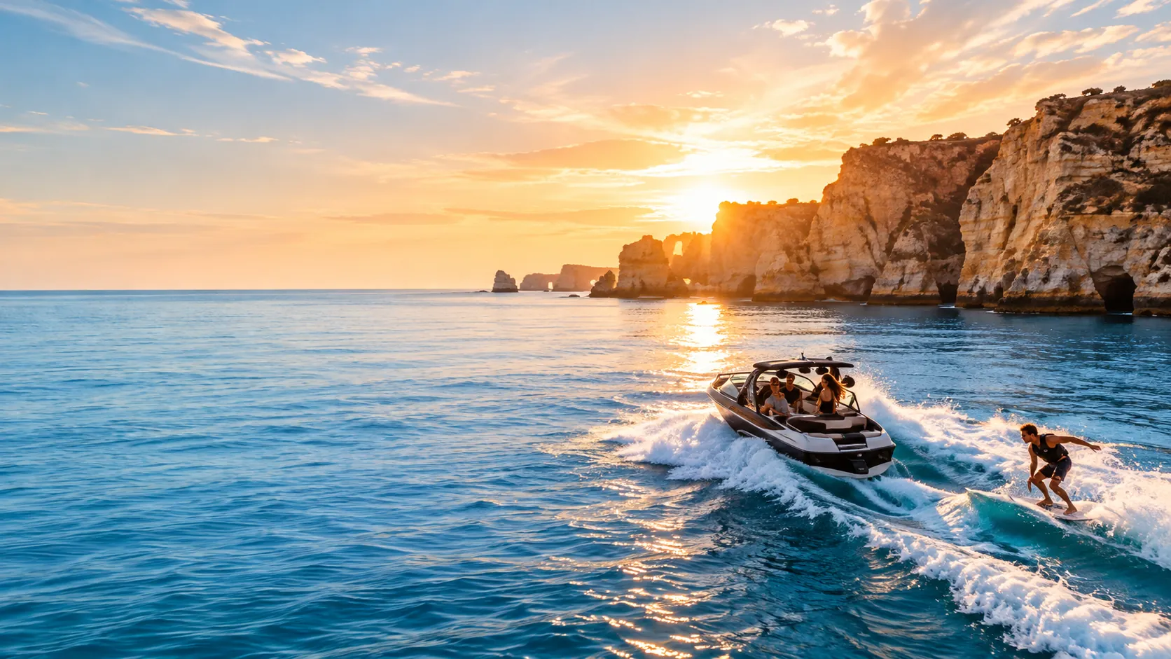 A wake boat and rider below the Lagos cliffs at golden hour