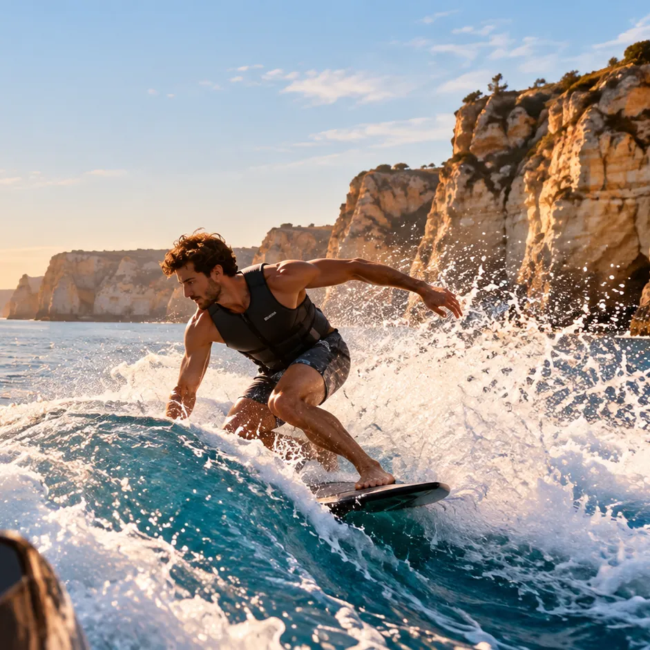 A wakesurfer riding the wake beside the boat below the Lagos cliffs
