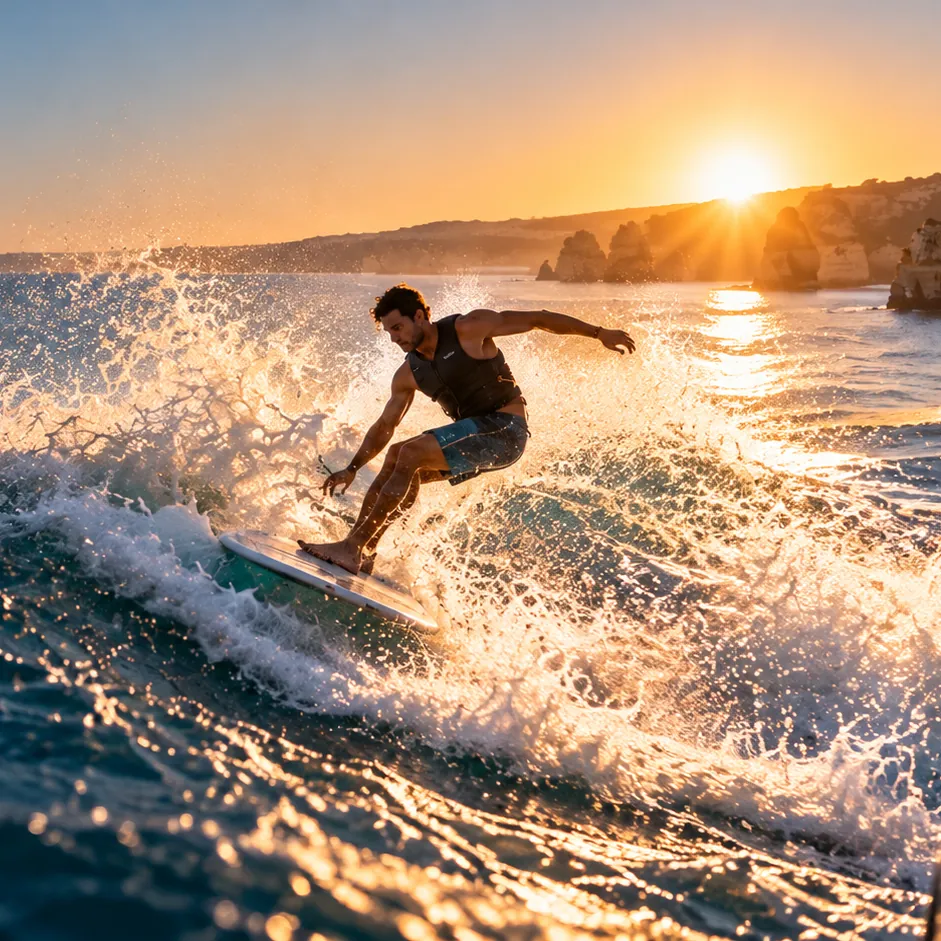 A wakesurfer carving through spray at sunset below the Lagos cliffs