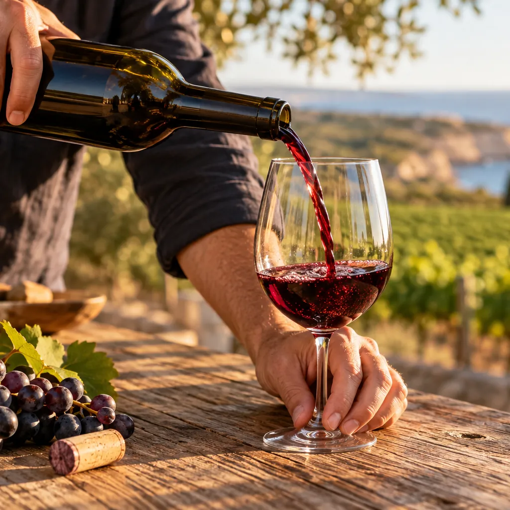 Red wine being poured into a glass at a vineyard table above the sea