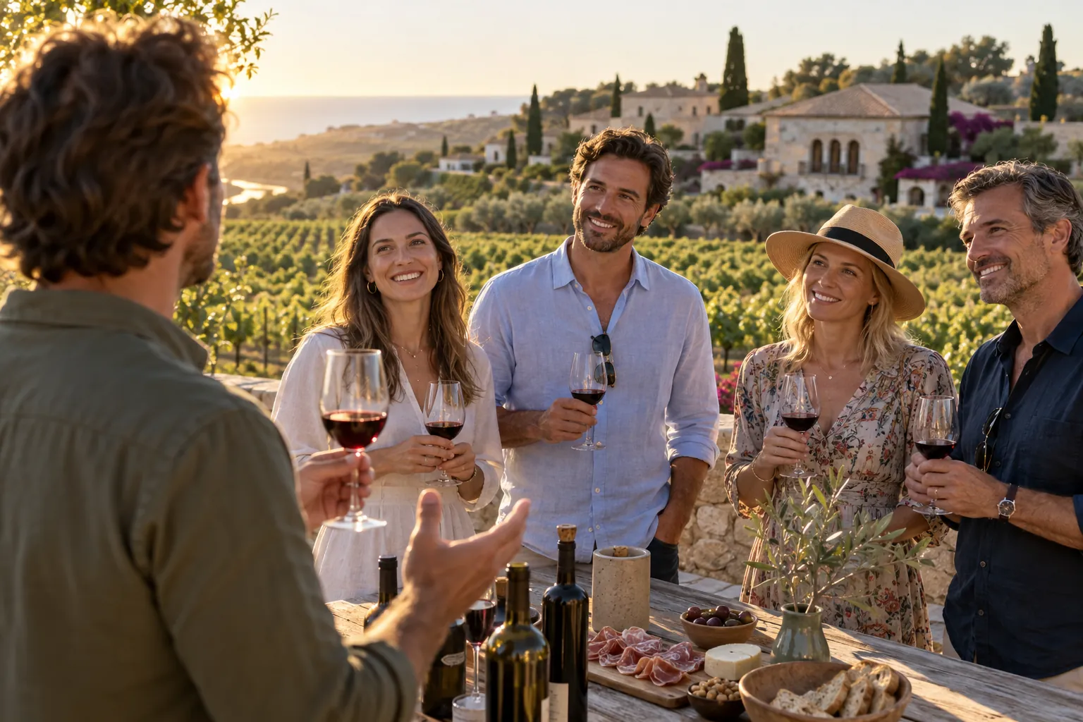 Guests toasting with red wine at a vineyard tasting above the Algarve coast