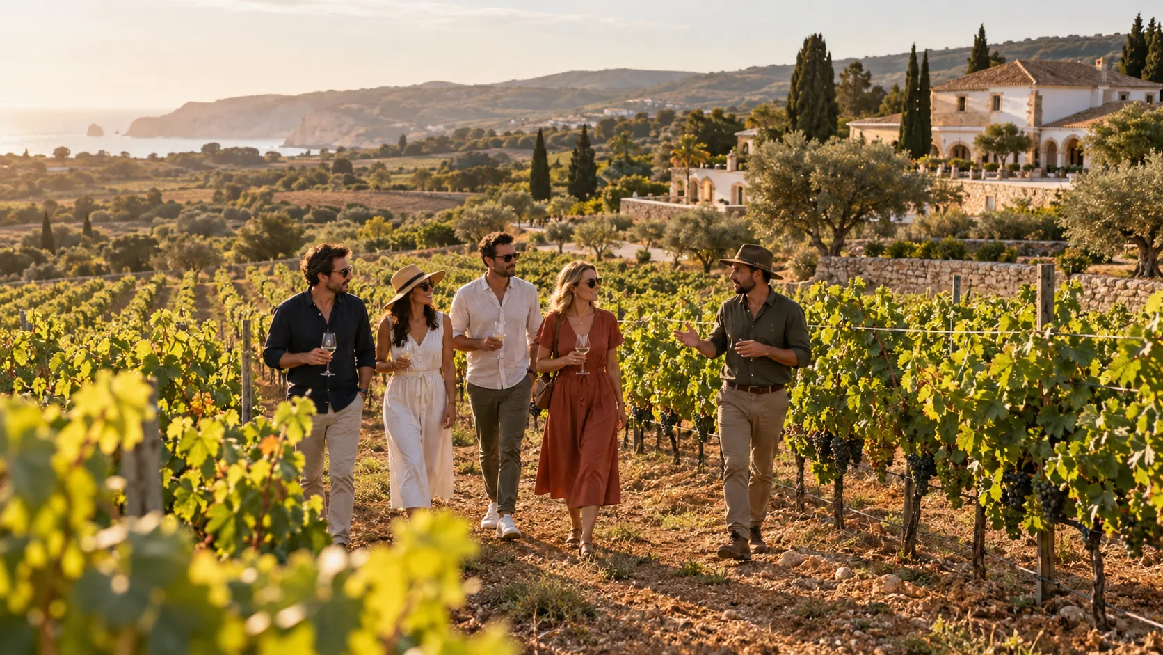 Guests walking through an Algarve vineyard near Lagos with their host